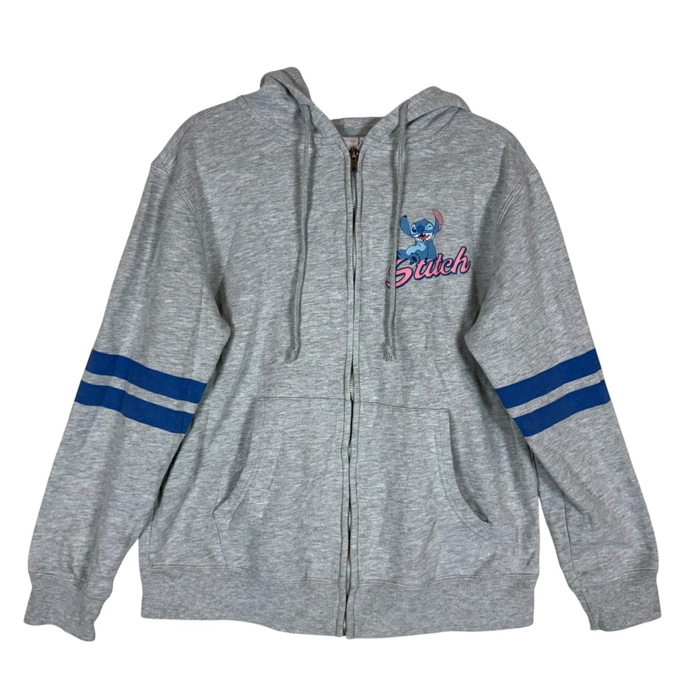 Disney Stitch Hoodie Womens Large Gray Full Zip Fleece Stripe Sleeve Graphic